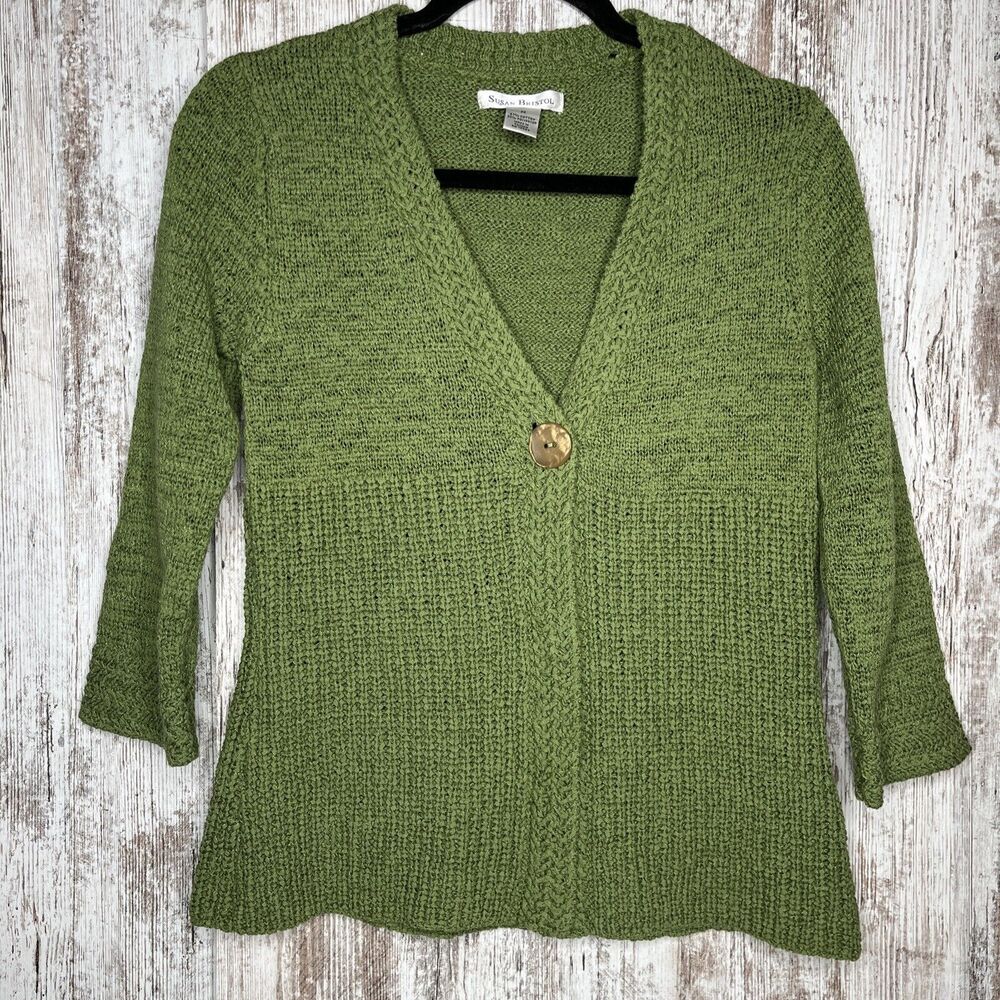 Susan Bristol Double Knit One Button Cardigan Size Medium Green Cotton Blend